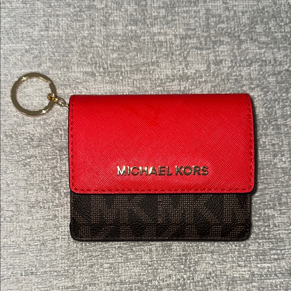 Michael Kors Brand New Red and Brown Keychain Wallet